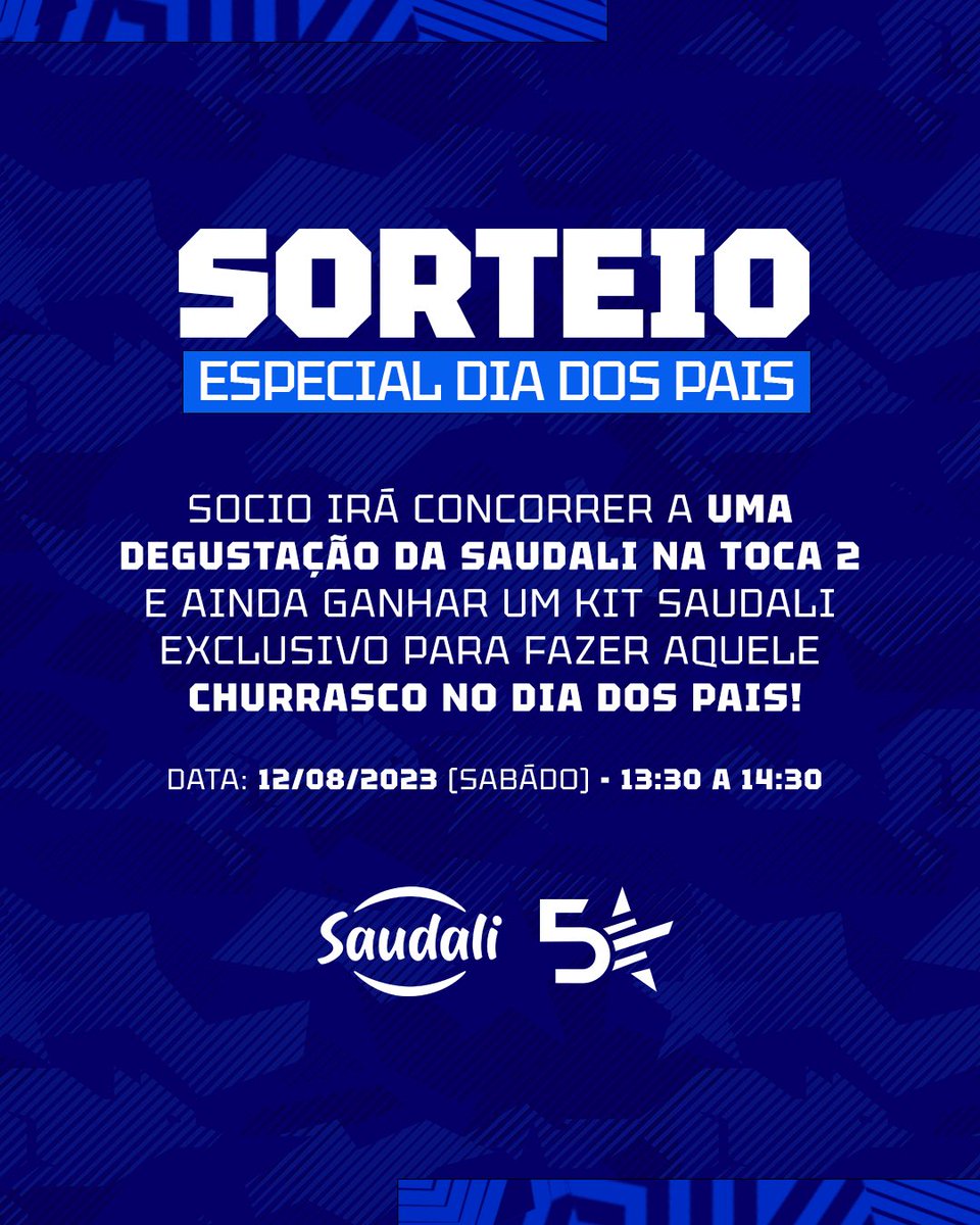 socio5estrelas's tweet photo. Sorteio Especial de Dia Dos Pais! 👨‍👧‍👦

Os sócios irão concorrer a uma degustação da Saudali na Toca da Raposa 2 e um kit para fazer aquele churrasco no fim de semana!

O sorteio ficará disponível até as 18:30 do dia 09/08. (Leia os termos do sorteio)

🔗 https://t.co/vt19IH1uKZ https://t.co/nkS5RCaXkE