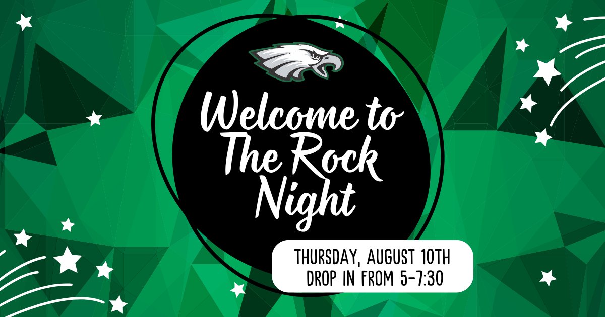 6th, 7th, and 8th grade students and parents, please join us for Welcome to The Rock Night this Thursday, August 10th.  Drop in from 5-7:30 to pick up students' schedules, meet teachers, get bus information, and more!  #EaglePride #EaglesSoar #FlatRockRocks #GoEagles