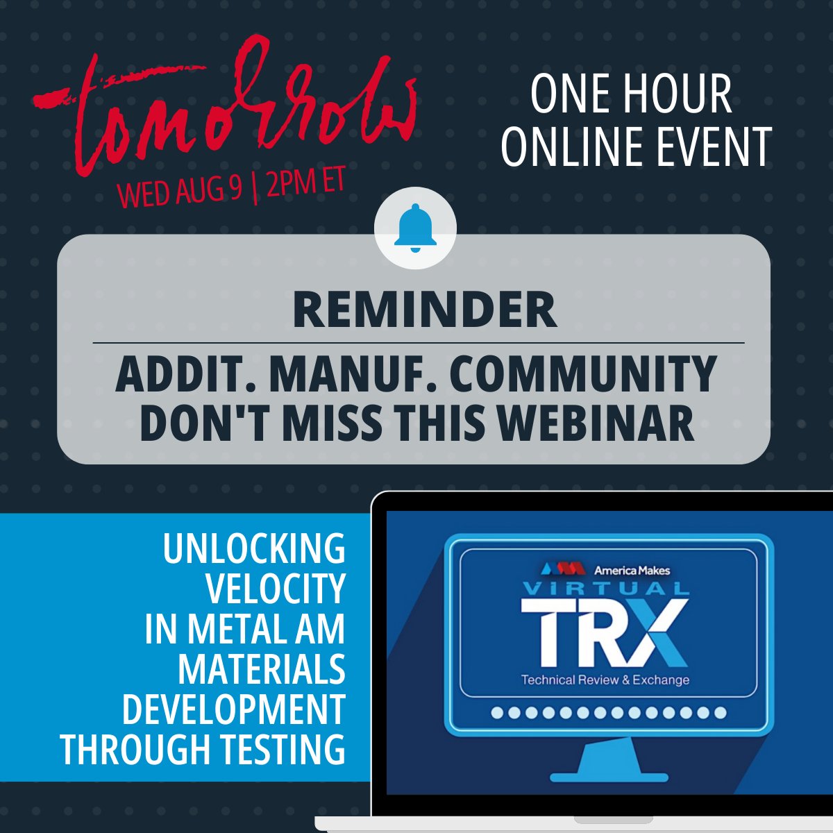 Join us tomorrow Wed Aug 9th with America Makes at 2PM ET. 
REGISTER HERE: 
hubs.la/Q01-th4J0 
#additivemanufacturing #materialstesting #additivemanufacturing #3DPrinting #materialscience #nslanalytical #nslwebinar