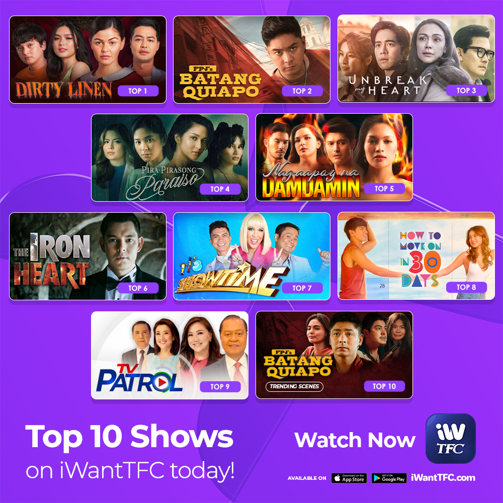 ofc_iwant's tweet photo. Take a mid-week break with these TOP 10 SHOWS you can watch now on iWantTFC!
Just download the app or visit https://t.co/qxwBKLniUF! https://t.co/lJCmGBN2tk