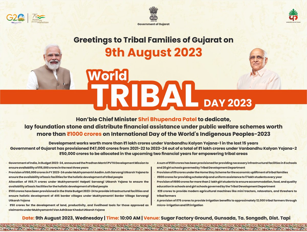 InfoGujarat's tweet photo. 9 ઓગસ્ટ: વિશ્વ આદિવાસી દિવસ 

માન. મુખ્યમંત્રીશ્રીના હસ્તે ₹100 કરોડથી વધુ રકમના કામોનાં લોકાર્પણ અને ખાતમુહૂર્ત તેમજ વ્યક્તિલક્ષી યોજનાઓ અંતર્ગત સહાય વિતરણ..

સ્થળ: ગુણસદા, તા. સોનગઢ, જિ. તાપી.. https://t.co/WfP4cAqrXn