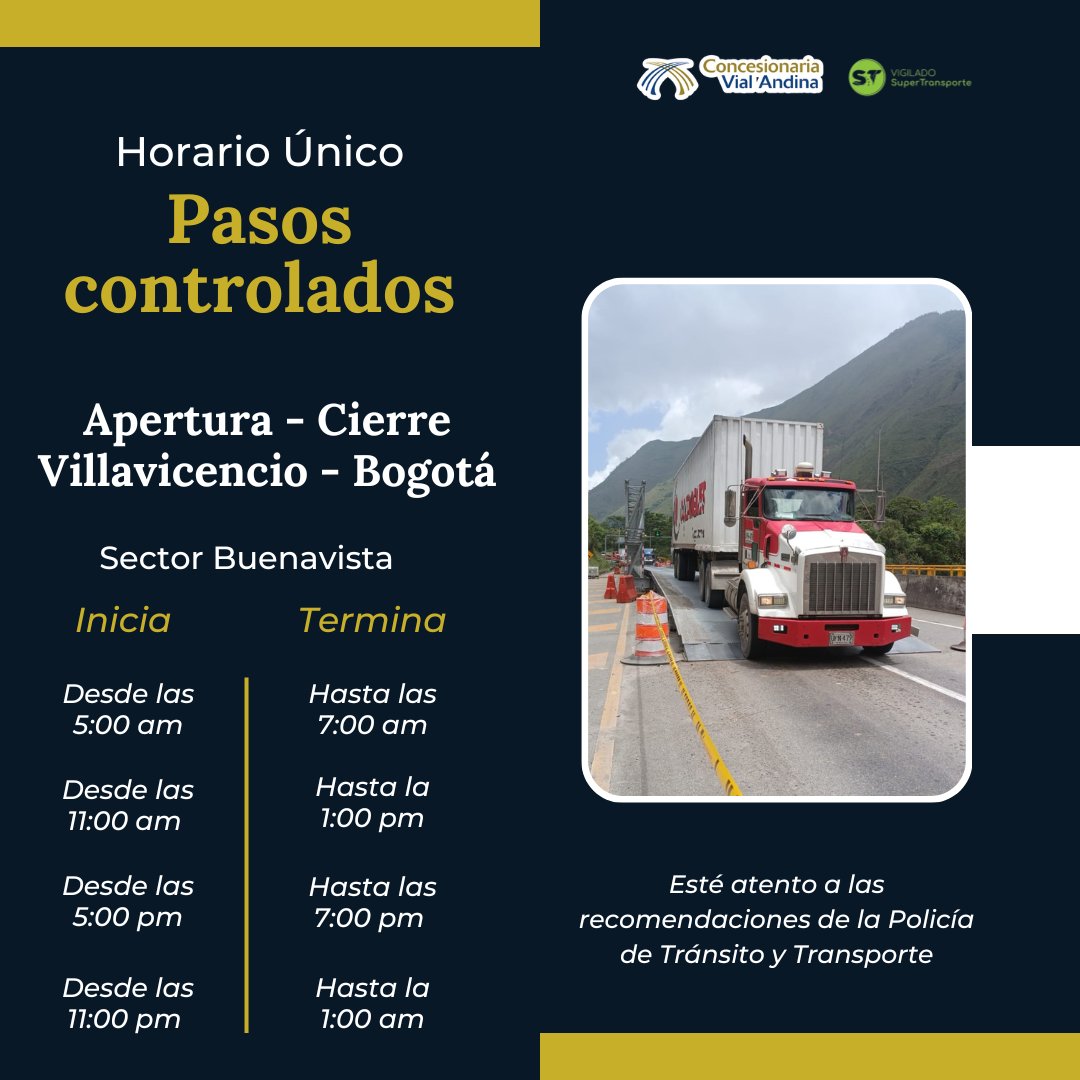 CoviandinaSAS's tweet photo. Señor Usuario estos son los horarios definidos por las autoridades para la movilidad en el corredor vial Bogotá - Villavicencio. ¡Su Seguridad es Nuestra Prioridad! https://t.co/3Ytzdhhnk5