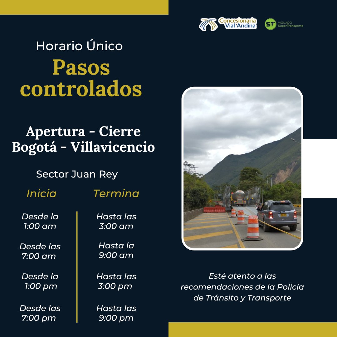 CoviandinaSAS's tweet photo. Señor Usuario estos son los horarios definidos por las autoridades para la movilidad en el corredor vial Bogotá - Villavicencio. ¡Su Seguridad es Nuestra Prioridad! https://t.co/3Ytzdhhnk5