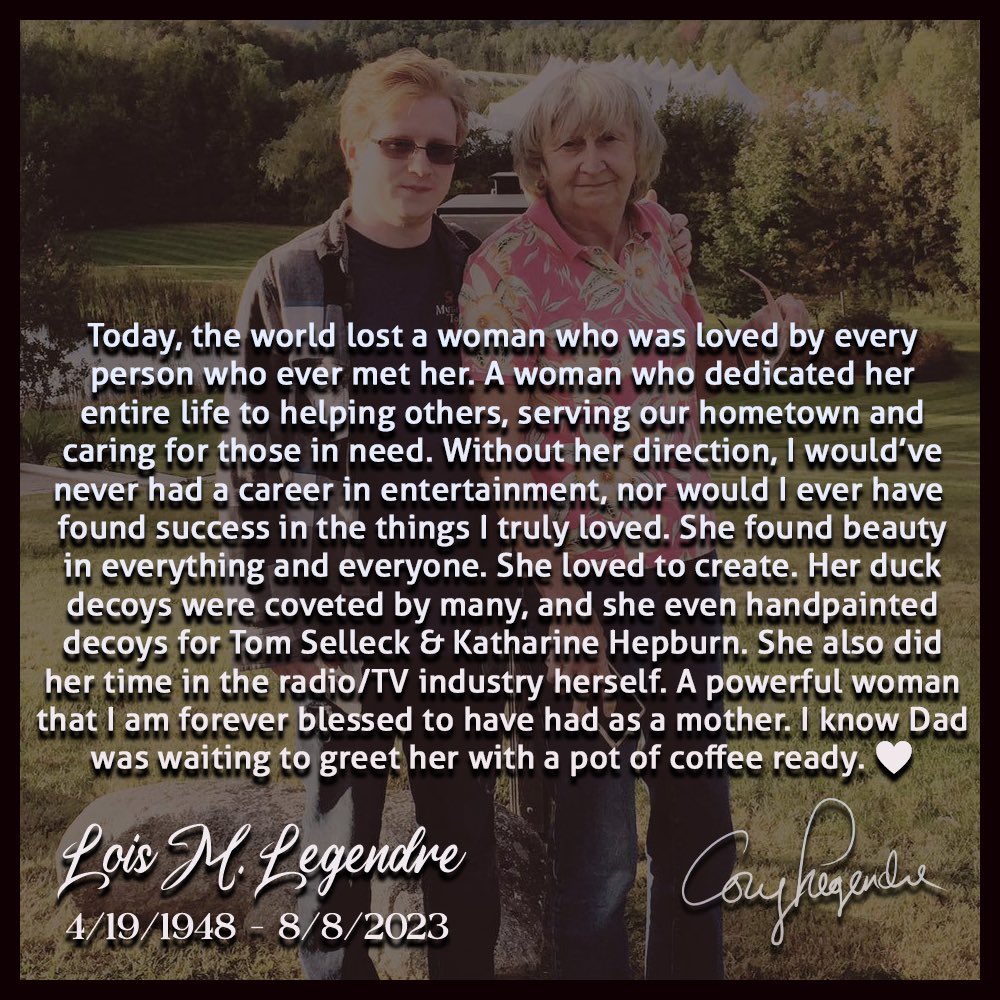 corylegendre's tweet photo. 🕯️Rest in Peace 🕯️
Lois M. Legendre
4/19/1948 - 8/8/2023

Today, the world lost a woman who was loved by every person who ever met her. A woman who dedicated her entire life to helping others. She found beauty in everything and everyone. Her duck decoys were coveted by many, and she even handpainted decoys for Tom Selleck & Katharine Hepburn. She also did her time in the radio/TV industry herself. A powerful woman that I am forever blessed to have had as a mother. I know Dad was waiting to greet her with a pot of coffee ready. ❤️

#restinpeace #ripmom #mother