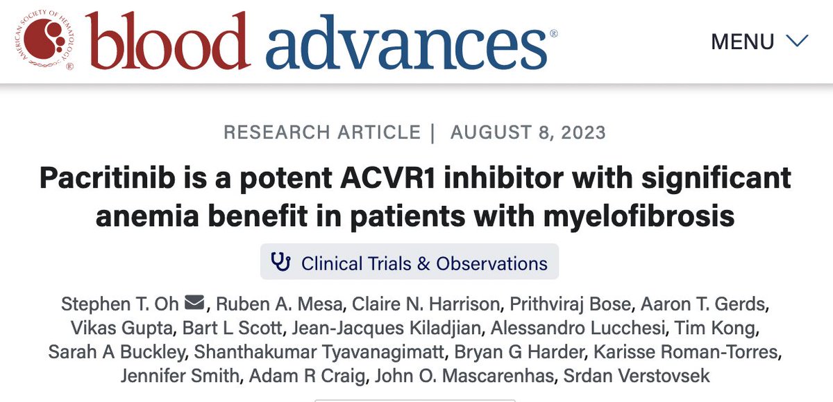 Pleased to share our study now online @BloodAdvances demonstrating potent inhibition of the hepcidin regulator ACVR1 by pacritinib in conjunction with anemia benefit in patients with cytopenic myelofibrosis! #mpnsm ashpublications.org/bloodadvances/…