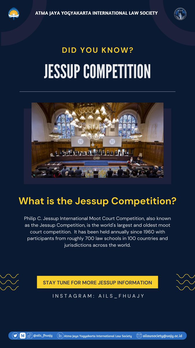 ails_fhuajy's tweet photo. Greetings, Future Mooters!
Did you know about the esteemed Jessup Competition? Check out and stay tune on our Instagram @ails_fhuajy for more Jessup updates, info, and more exciting news coming this week.
AILS,
Aim Higher!
#jessup #mooters #imcc #jessup2024 #ailsfhuajy #ails https://t.co/9GZr4K15Kl