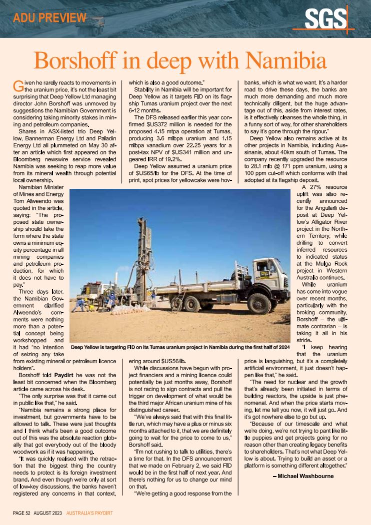 DeepYellowLtd's tweet photo. Thanks to @mj_wash @Paydirt_Media for taking the time to speak with our MD &amp; CEO John Borshoff

John explained the significant benefits of operating in Namibia along with the exciting plans of $DYL as the team continues to build a globally diversified, tier one #uranium operation https://t.co/HNg12NHCwA
