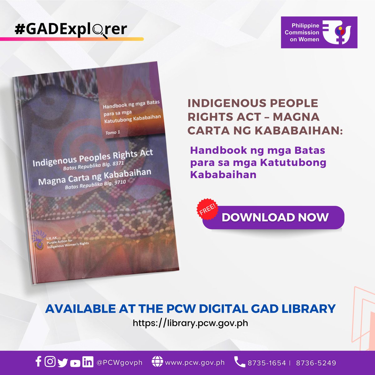 PCWgovph's tweet photo. #GADExplorer | Indigenous People Rights Act – Magna Carta ng Kababaihan: Handbook ng mga Batas para sa mga Katutubong Kababaihan https://t.co/eQj3N90IkP