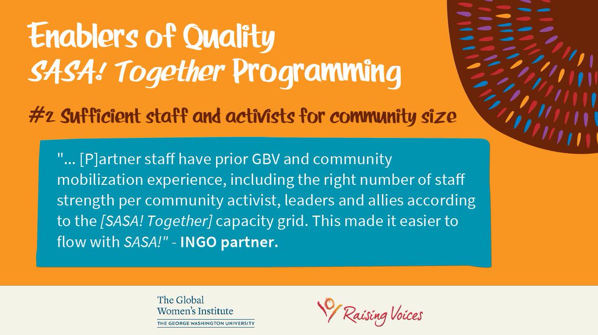 RaisingVoices's tweet image. Enabling factor #2 is about design fundamentals.

In #SASATogether there is a delicate ratio between community size/ # of activists/ # of staff.

In a nutshell- don’t “go big” unless you have the sufficient activists &amp;amp; staff to support the change process.

raisingvoices.org/resources/enab…