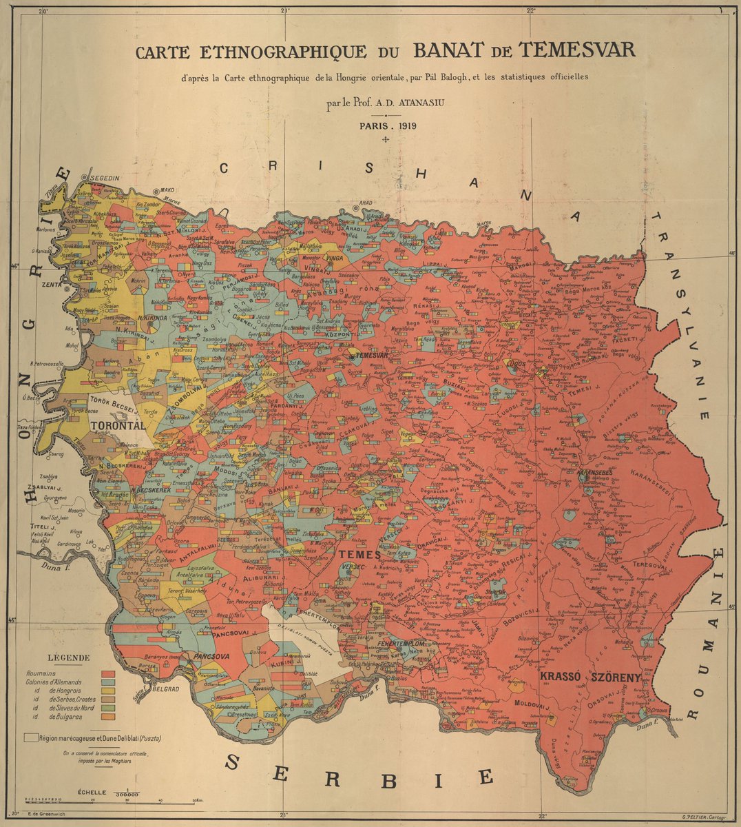 EdmapsCom's tweet photo. East-Central #Europe: Ethnographic #map of #Banat (A. Atanasiu, #Paris, #France, 1919); #carte #ethnographique #Timisoara #Temesvar #history #nationalism #nation #nationalities #Romanians #Germans #Hungarians #Serbs #Croats #Slovaks #Bulgarians #Romania #Hungary #Serbia https://t.co/0NqGyi3C2r