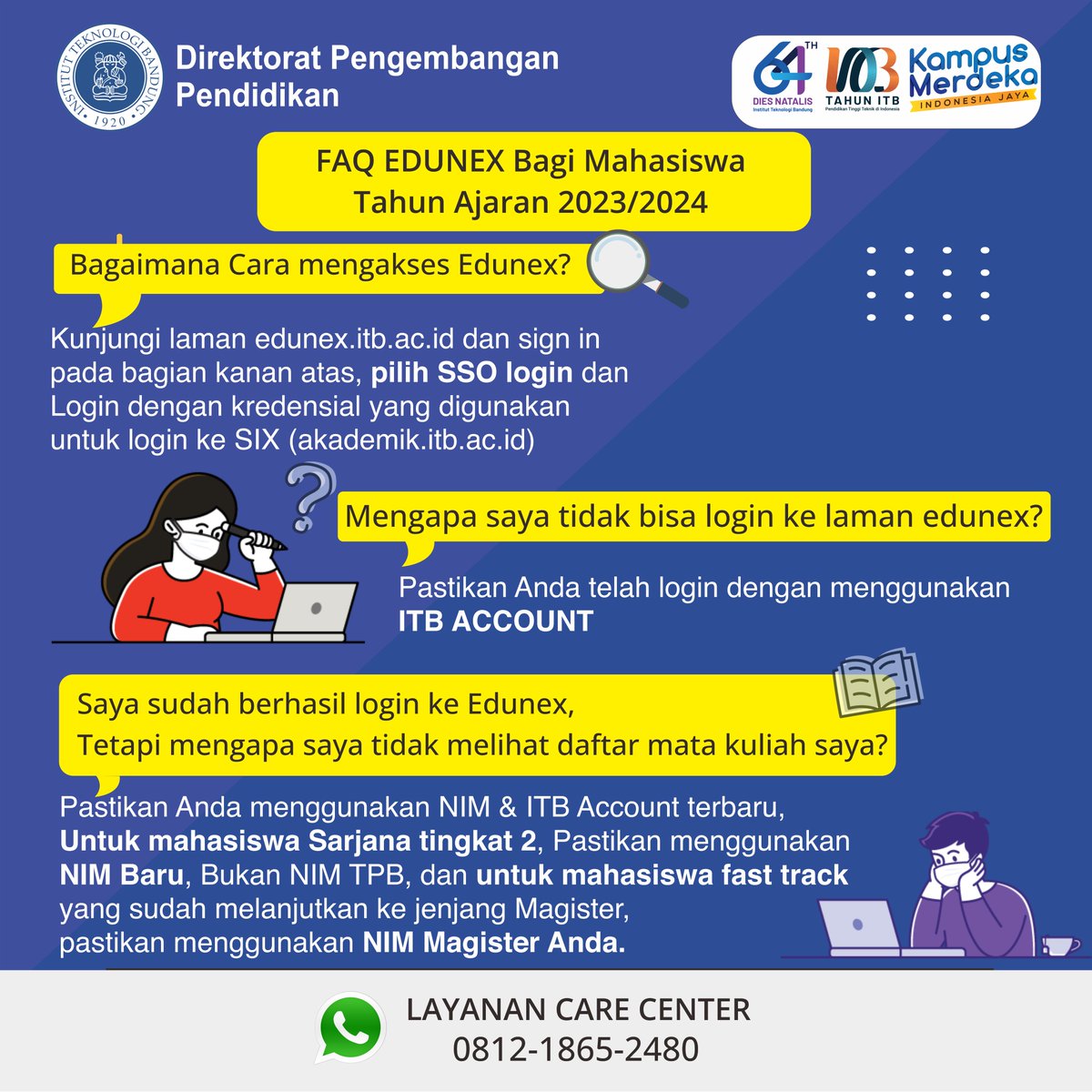 ditbangdik_itb's tweet photo. Semester baru telah dimulai! Sebelum mengikuti perkuliahan, yuk kita simak beberapa hal penting berikut ini agar perkuliahan Hybrid melalui Edunex dapat berjalan dengan lebih optimal. Untuk informasi dan bantuan, segera hubungi Care Center Direktorat Pengembangan Pendidikan. https://t.co/OGZ4bReAn3