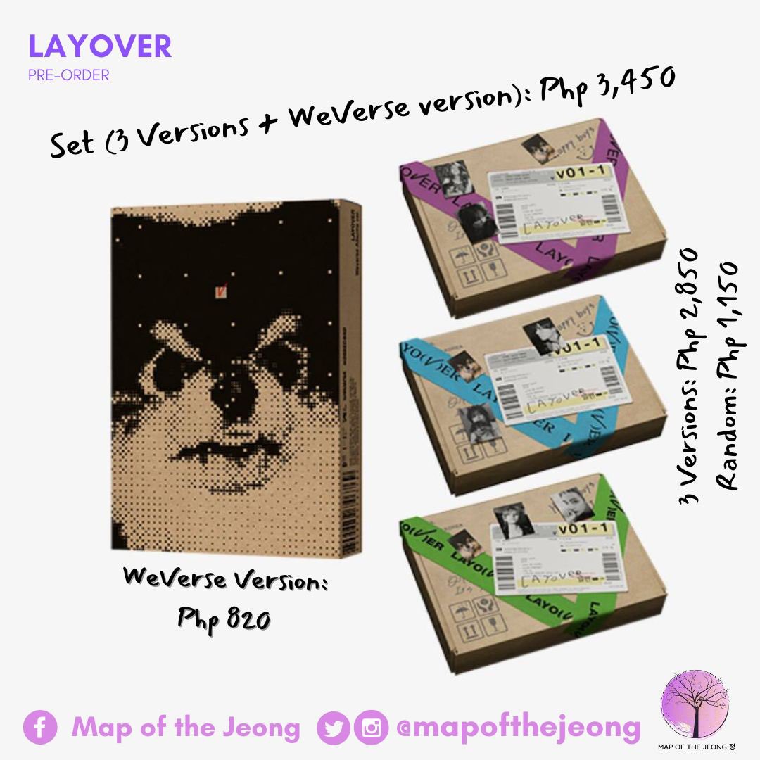 mapofthejeong's tweet photo. V LAYOVER PRE-ORDER

Set (3 versions + WeVerse ver): Php 3,450
All Versions: Php 2,850
1 Version: Php 1,150
WeVerse Ver: Pho 820

DOP: August 15 (20%), August 30 (40%), September 15 (40%)
ETA: October - November 2023

Order here: https://t.co/p19Gv5WAMk https://t.co/1avy9RLMTa
