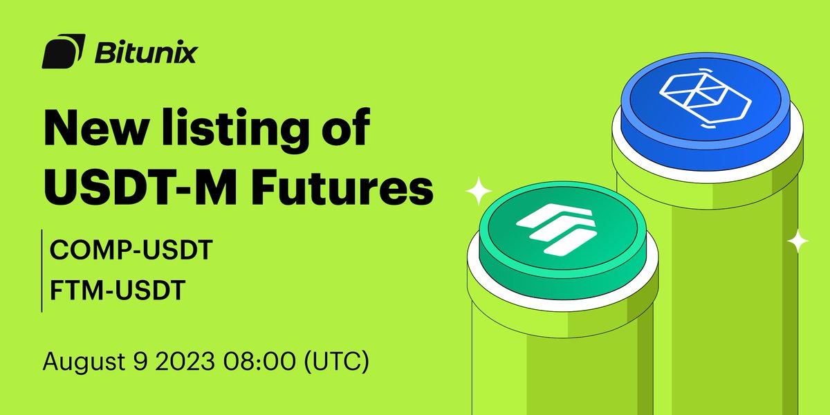 Bitunix will list two new trading markets in perpetual futures, including: 

$COMP-USDT and $FTM-USDT.

Trading for the listed markets will open on August 9, 08:00 UTC.

💡Details: support.bitunix.com/hc/en-us/artic…

#Bitunix
#FuturesTrading 
#Perpetualfutures
#DerivativesExchange
