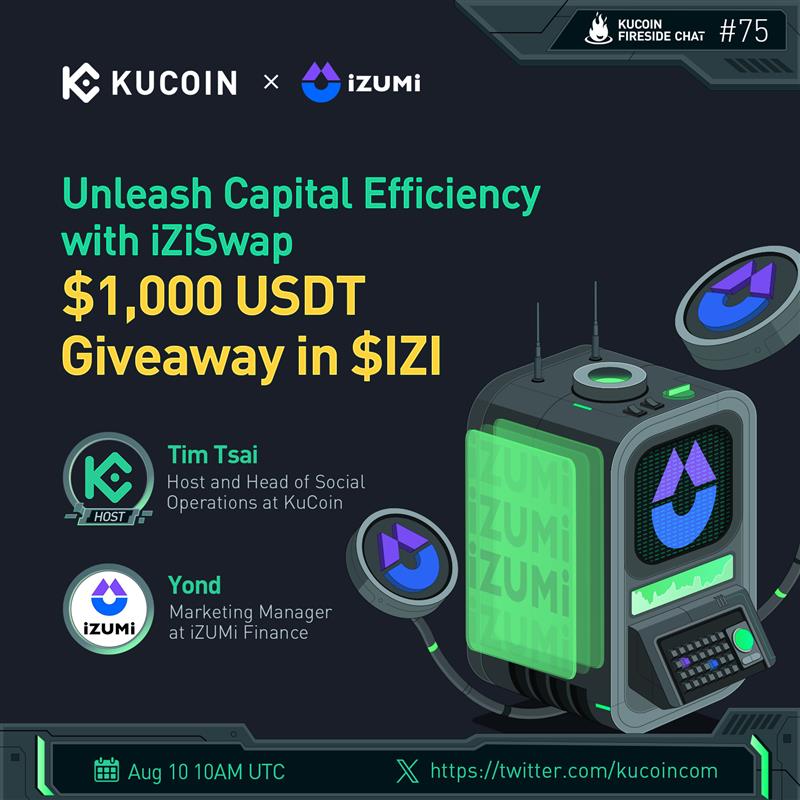 kucoincom's tweet photo. 🔥 Join our next #KuCoin fireside chat with @izumi_Finance about maximizing capital efficiency.

🎁$1,000 in IZI Giveaway (20 winners)

1️⃣Follow @kucoincom &amp; @izumi_Finance
2️⃣RT &amp; tag 2 friends
3️⃣Fill in form: https://t.co/hqVjKrgJJo
4️⃣Join the space

✅Set a reminder