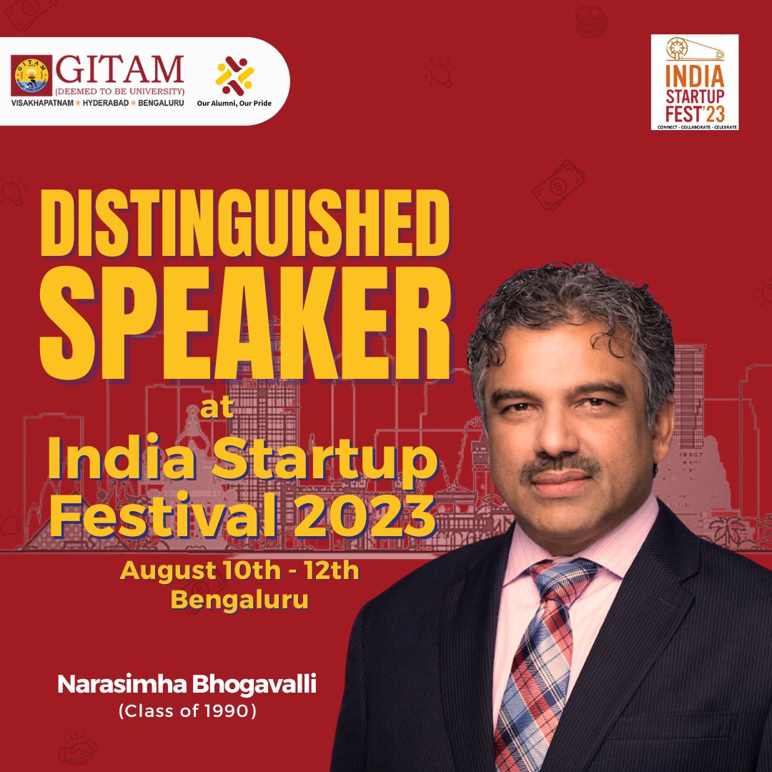 Alumni_Gitam's tweet photo. Howdy, alumni! 🎉

We are happy to share that Narasimha Bhogavalli, GITAM's alumni, will be speaking at India Startup Festival 2023 happening in Bengaluru from August 10th to 12th.

We are proud of your achievement, Narasimha! 👏✨

@GITAMUniversity 

#GITAM #OurAlumniOurPride https://t.co/TwEpBs5CLo