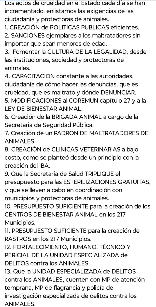 ¿Por qué salimos a marchar?
No ha habido solución en las mesas de trabajo, en esta ocasión son 13 peticiones que ayudarán a cambiar las cosas en Puebla, necesitamos autoridades capacitadas, entidades operativas y castigos ejemplares para reducir los casos de crueldad en #Puebla.