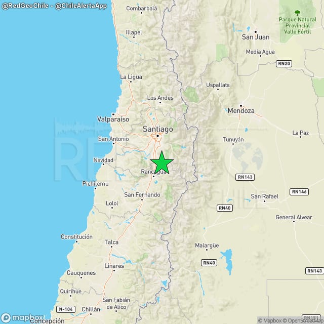 RedGeoChile's tweet photo. REVISADO ⚠️ | Sismo de magnitud 2.7 (Ml) ocurrió a las 23:03:53 horas de hoy, 08 de agosto del 2023, a 33 km al noreste de #Rancagua (región de #OHiggins), a una profundidad de 23 kilómetros (Fuente: #CSN). https://t.co/u98OGxLqeK