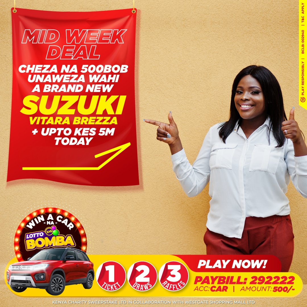 KCS_Kenya's tweet photo. Usikose gari juu ya ONE TICKET! YOU COULD WIN a brand new Suzuki Vitara na LOTTO BOMBA & @WestgateMallKe
Mpesa 500 PAYBILL 292222 Account CAR
Upto 5M ON THE 10pm GRAND DRAW!
https://t.co/Puwst1zr39
#50yearsofwinning
#WinACarNaLottoBomba
#westgatemall #beawinner #ItCouldBeYou https://t.co/pNLSX0Isk3