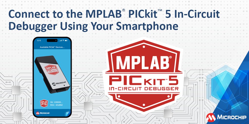 MicrochipTech's tweet photo. Connect to the MPLAB® PICkit™ 5 in-circuit debugger from your smartphone via Bluetooth® and select from one of multiple saved program files on the SD™ card. Learn more key features on our next generation debugger: https://t.co/gRhsXhJade. #debug #debugger #MPLAB #PICkit5 https://t.co/NmiHtqsdKy