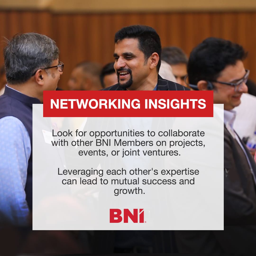 In the world of business, collaboration is the key to unlocking new horizons. At BNI, you have a wealth of expertise at your fingertips. As you navigate the business landscape, keep your eyes open for collaborative opportunities & leverage mutual strengths. #BNI #BNIMembers