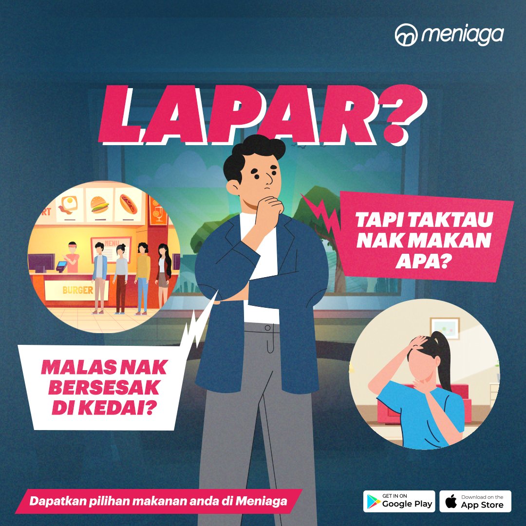 Lapar waktu lunch ni? Jangan risau meniaga boleh cover. Nak makan apa - apa, pesan je!   

Muat turun aplikasi meniaga di Google Play Store dan Apple App Store sekarang! 

#JomMeniaga #supportlocal   #meniaga  #meniagadarirumah
