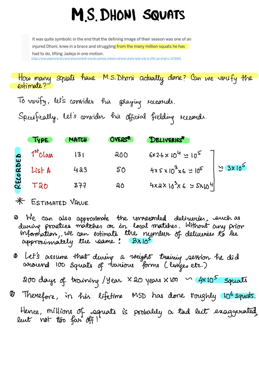 Physics_at_IISc's tweet photo. Our answer is 10^6. Please see the image below to see the calculation. As we said, there are no correct answers, but 10^6 seems to be a reasonable number. @ESPNcric_stats @ESPNcricinfo @msdhoni https://t.co/dJ3sTxgALV