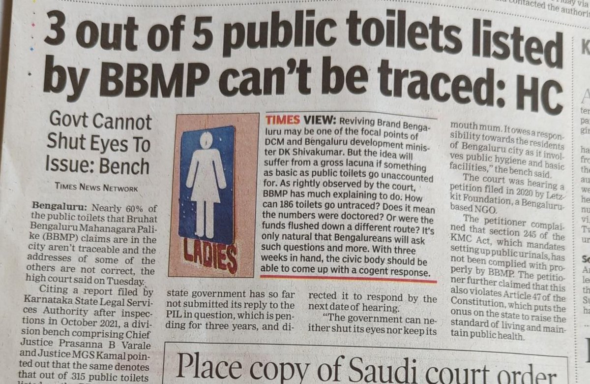 anjali_WFR's tweet photo. 186 missing toilets!
PIL since 3 years.
In the mean time Govt is busy tallying 10,000 suggestions on Brand Bengaluru to keep us occupied.
As usual they are blind till they get a high court order.
#DissolveBBMP
@WFRising https://t.co/nUJXrVI1A6