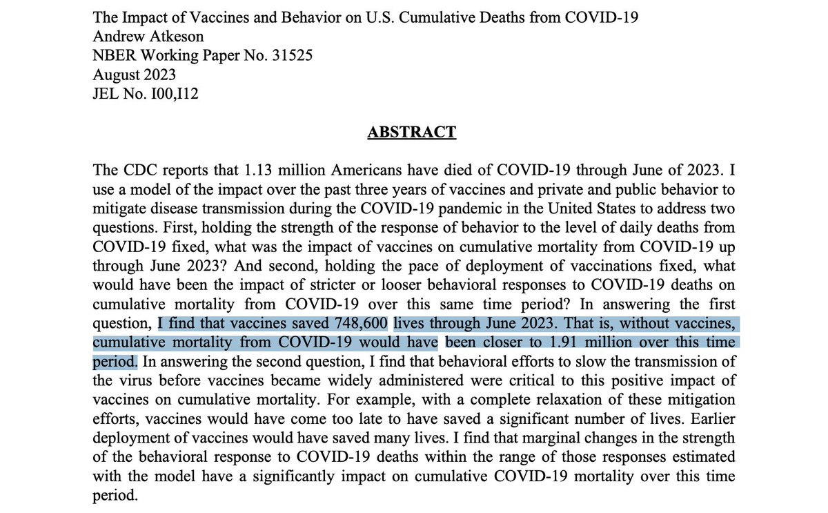 'I find that vaccines saved 748,600 lives through June 2023 (in the U.S.). That is, without vaccines, cumulative mortality from COVID-19 would have been closer to 1.91 million over this time period.' Andrew Atkeson, University of California Los Angeles