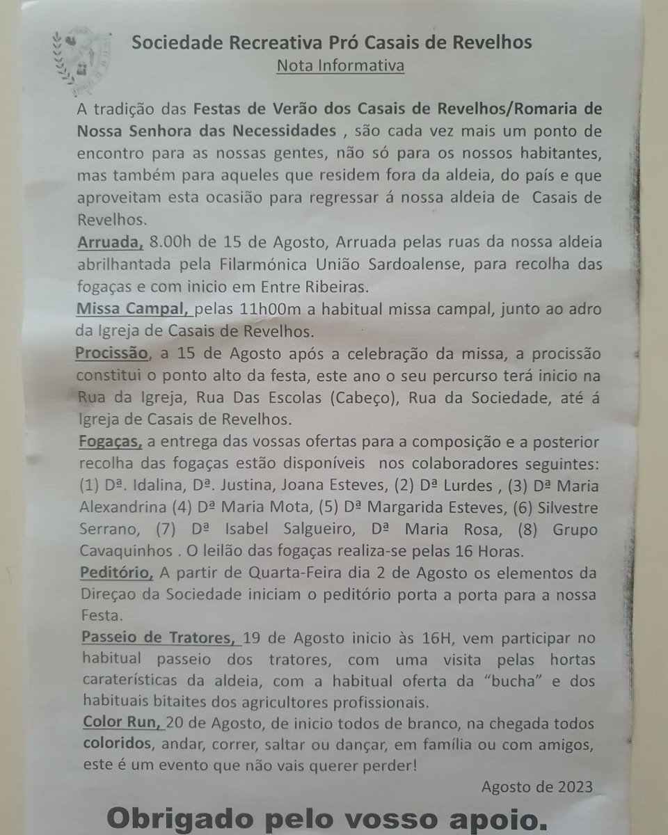 AVISO: Não esquecer de lerem o verso do prospeto que foi distribuída nas vossas caixas de correio.  Se não receberam ou não tiveram oportunidade de ler o verso desse folheto aqui segue o texto. Esperamos pela vossa presença e dos vossos familiares.Vamos em frente, e toca a animar