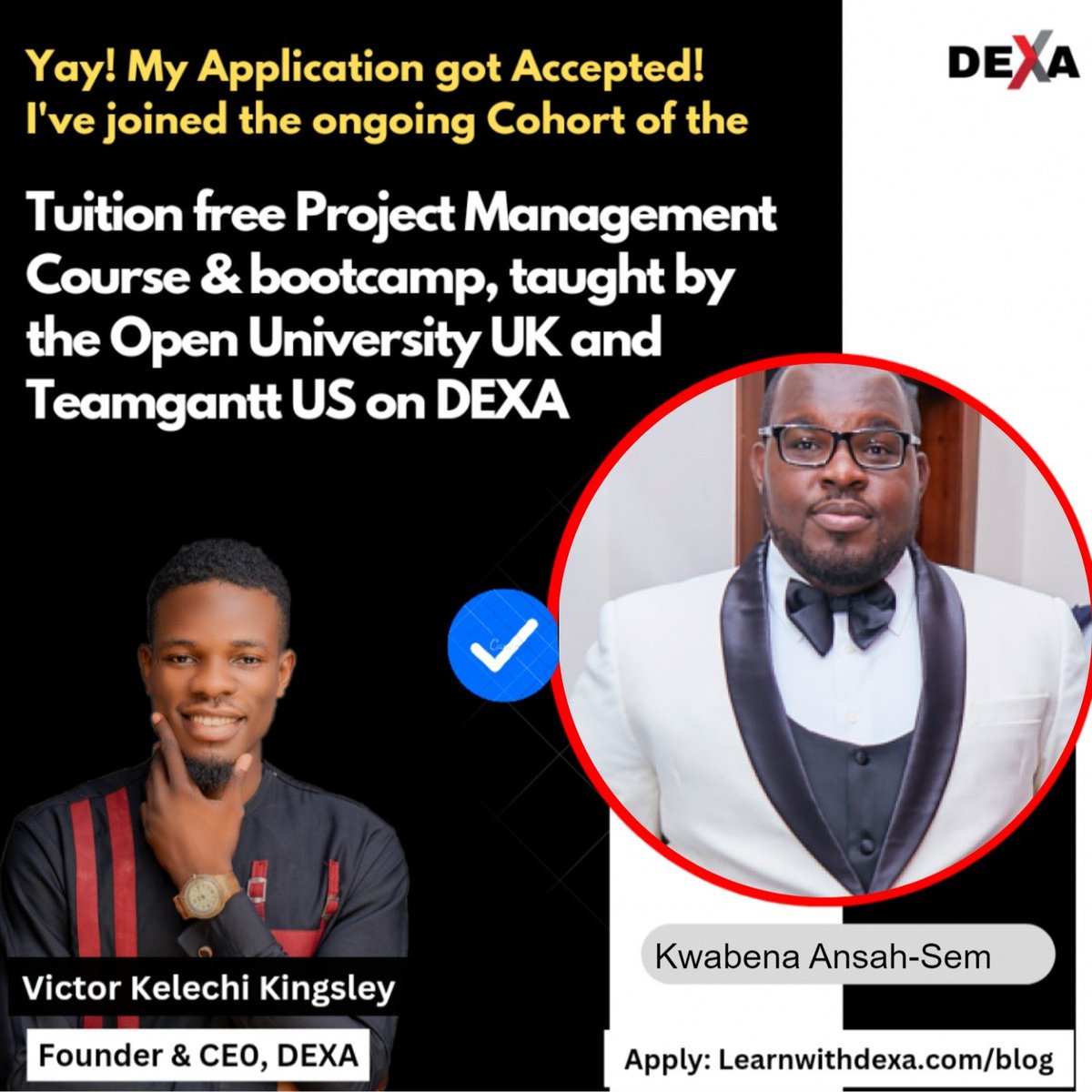 Ansah_Sem10's tweet photo. Excited to announce my enrollment in the tuition free Project Management course taught by The Open University UK &amp; TeamGantt. I applied through

https://t.co/To6haDFvlc

Bracing myself for a journey of learning &amp; growth as an emerging project manager @LearnwithDEXA #LearnwithDEXA https://t.co/HNUEgNRwYR
