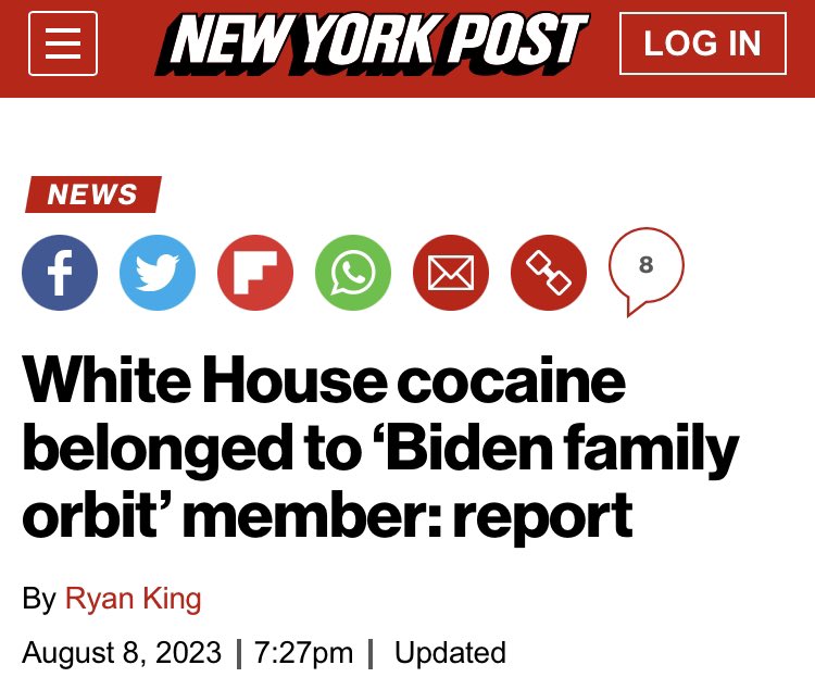 alx's tweet photo. REPORT: The bag of cocaine found in the West Wing of The White House last month belonged to someone in the “Biden family orbit — and the president apparently knows who it is.” https://t.co/HKJN8S9t1E