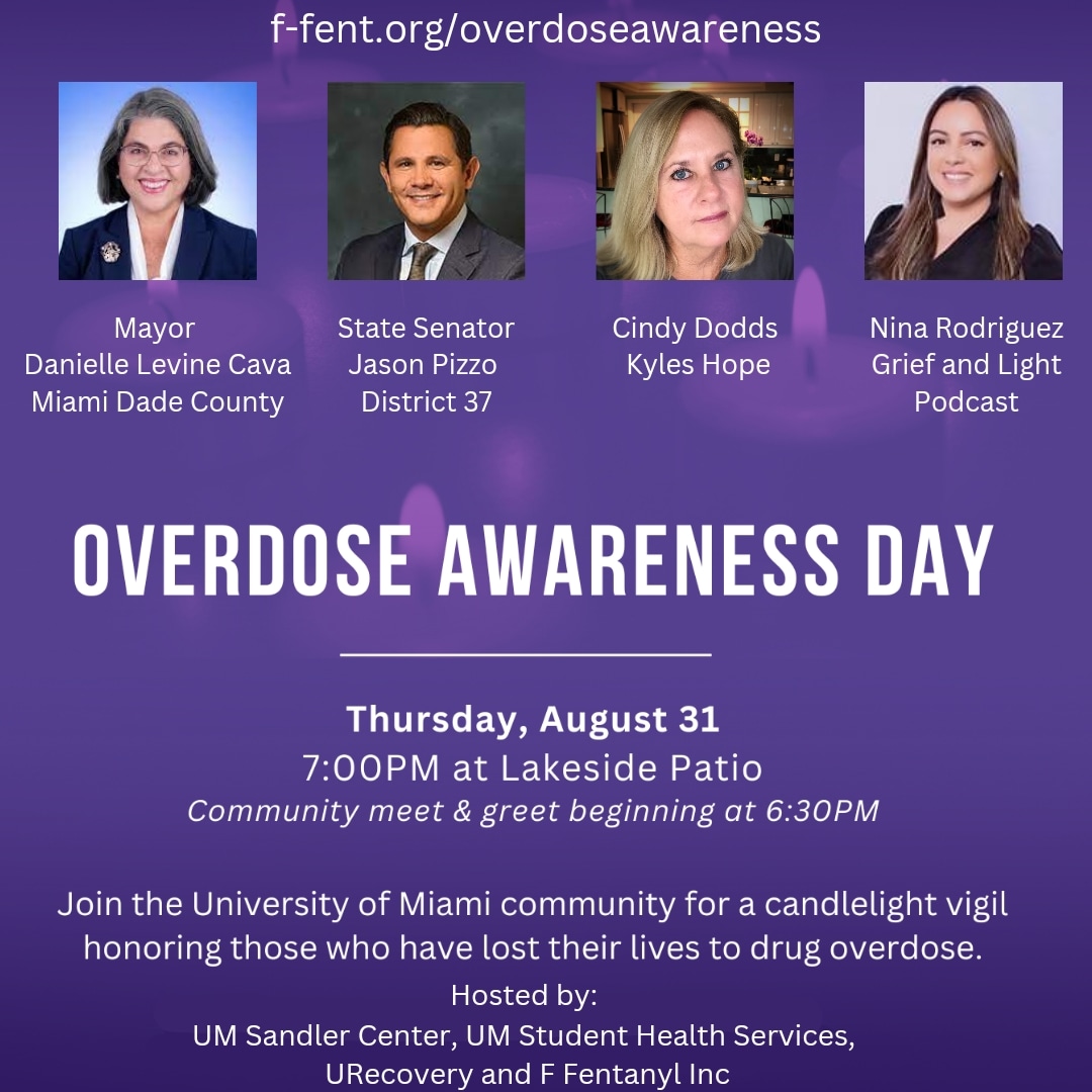 Join us for Overdose Awareness Day event at <a href="/univmiami/">University of Miami</a>. <a href="/MayorDaniella/">Daniella Levine Cava</a> will present the Proclamation for OAD &amp; <a href="/senpizzo/">Sen. Jason Pizzo</a> will deliver a speech as well. Cindy Dodds &amp; Nina Rodriguez will reflect on the loss of their loved ones. Concluded by candlelight vigil #ioad #EndOverdose
