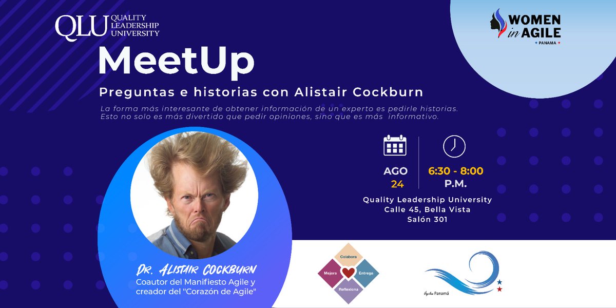 ¿Qué te parecería participar en un Meetup exclusivo con el legendario Dr. Alistair Cockburn? Imagina tener la oportunidad de hacer preguntas directamente a uno de los arquitectos clave de la agilidad tal como la conocemos hoy. meetup.com/agiles-panama/…