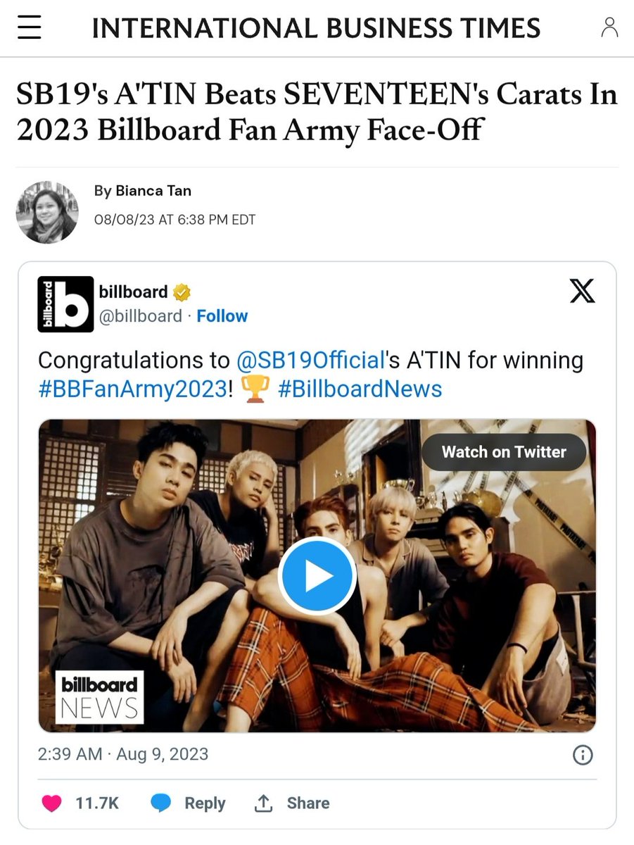 rrobotot's tweet photo. [International Business Times]

⚠️ https://t.co/Upb8ybFOYe

SB19's victory in the 2023 Billboard Fan Army Face-Off marks a significant milestone not only for the group but also for the broader Southeast Asian music scene.

@SB19Official #SB19
#SB19WinsBBFanArmy2023 https://t.co/mQwTWlaI4n