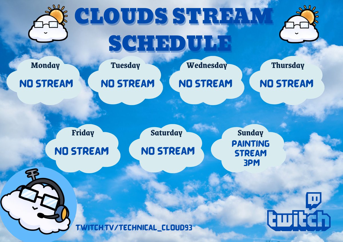 TechnicalCloud4's tweet photo. Hello my poofs, sorry for the late stream schedule. But here it is. My week is pretty busy, so only one day of streaming which will be a chill painting stream on Sunday. Stream will take place in a BST timezone. See you poofs there.
#smallstreamer #streamschedule #Cloud https://t.co/exoynzMKyQ