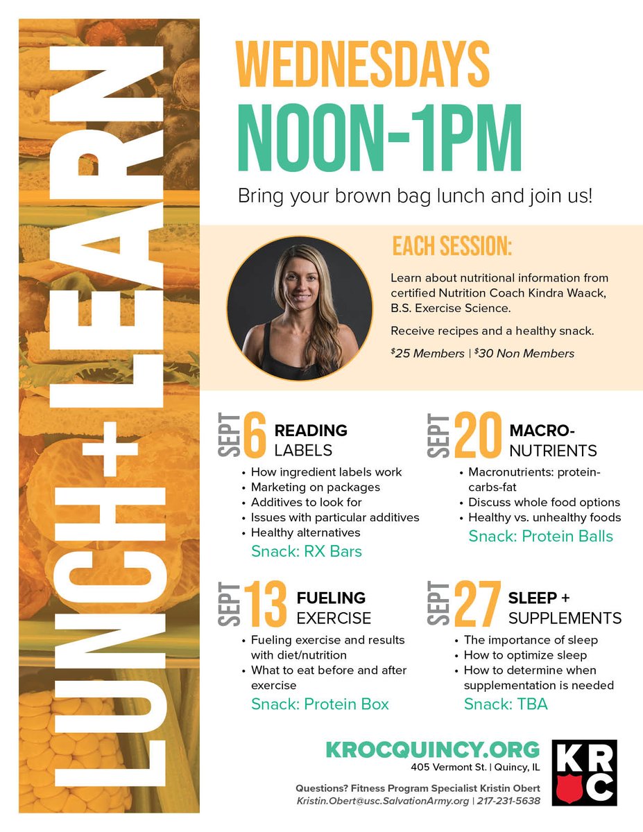 KrocQuincy's tweet photo. You're invited to Lunch &amp; Learn with us!
🥗Wednesdays in September
🥗Noon-1pm
🥪9/6: Reading Labels
🥪9/13: Fueling Exercise
🥪9/20: Macro-Nutrients
🥪9/27: Sleep + Supplements

Learn more here: https://t.co/Qs2EKCBGxx https://t.co/FXETn4Z44i