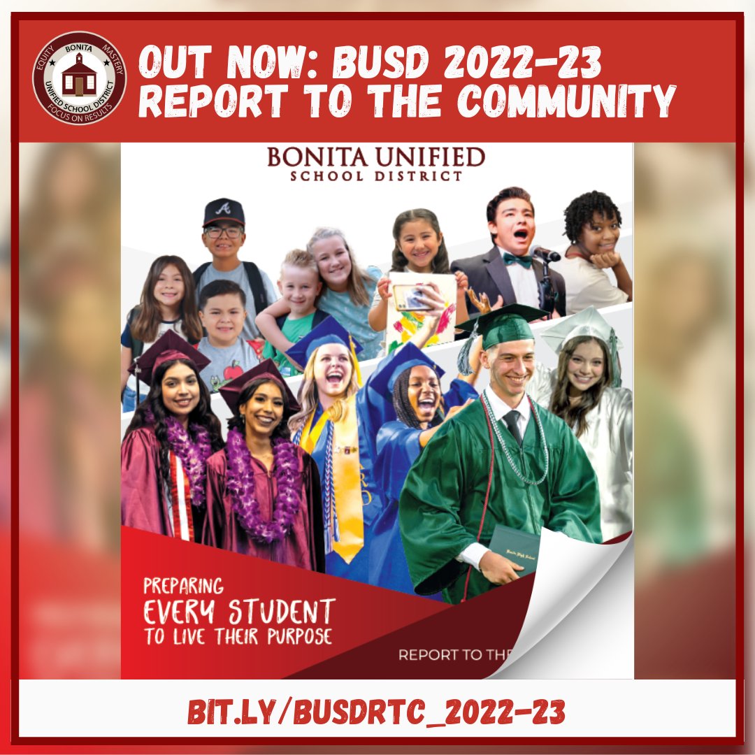 Have you seen our 2022-23 Report to the Community? This report showcases the people and programs that make Bonita Unified an exceptional district - from our mental wellness initiative to our innovative career technical education programs. Read it now: buff.ly/3qfH9av