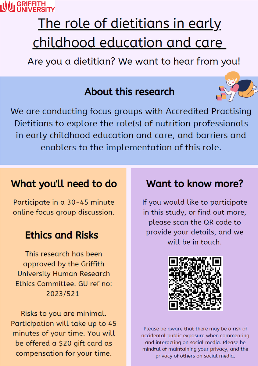 Recruiting dietitians! Are you a dietitian who has provided nutrition support to ECEC services? What does/did your role look like? What do you want it to look like? Tell us! 📢 Register interest 👉 tinyurl.com/dietitianECEC Please share! @DrBreannaLepre @DanielleGalle15 @Dr_BeckB