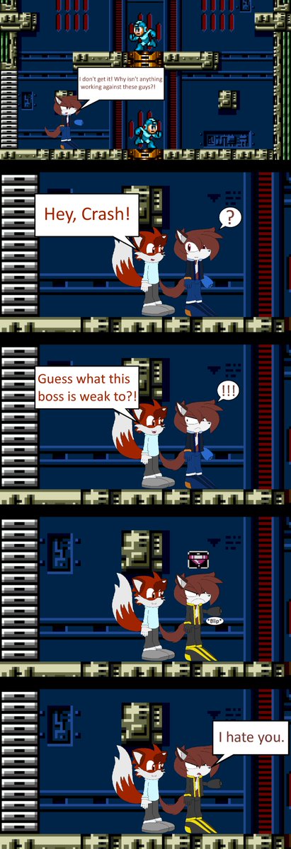 FoxmisArt's tweet photo. So, I was rewatching an old stream from my pal @CrashStarVA, and remembered he has a particular distain for the Top Spin power in Mega Man 3.

So I made a comic about it. Enjoy! XD https://t.co/x2ZTXmzZmV