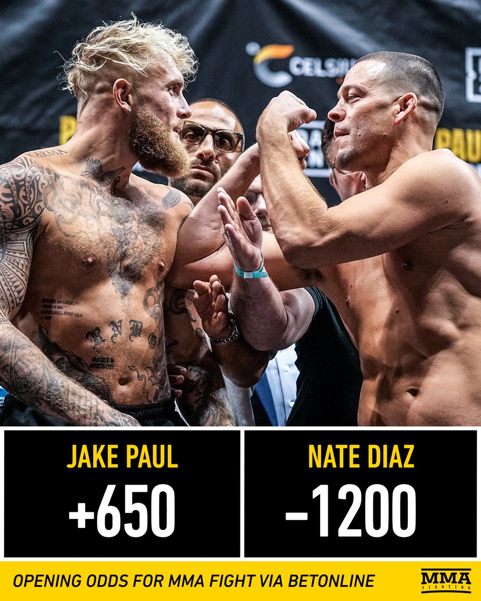 MMAFighting's tweet photo. Nate Diaz opens as a massive favorite against Jake Paul in a potential MMA fight 😳

📰 https://t.co/bc96WT3Mho https://t.co/YtZM6zNRPU
