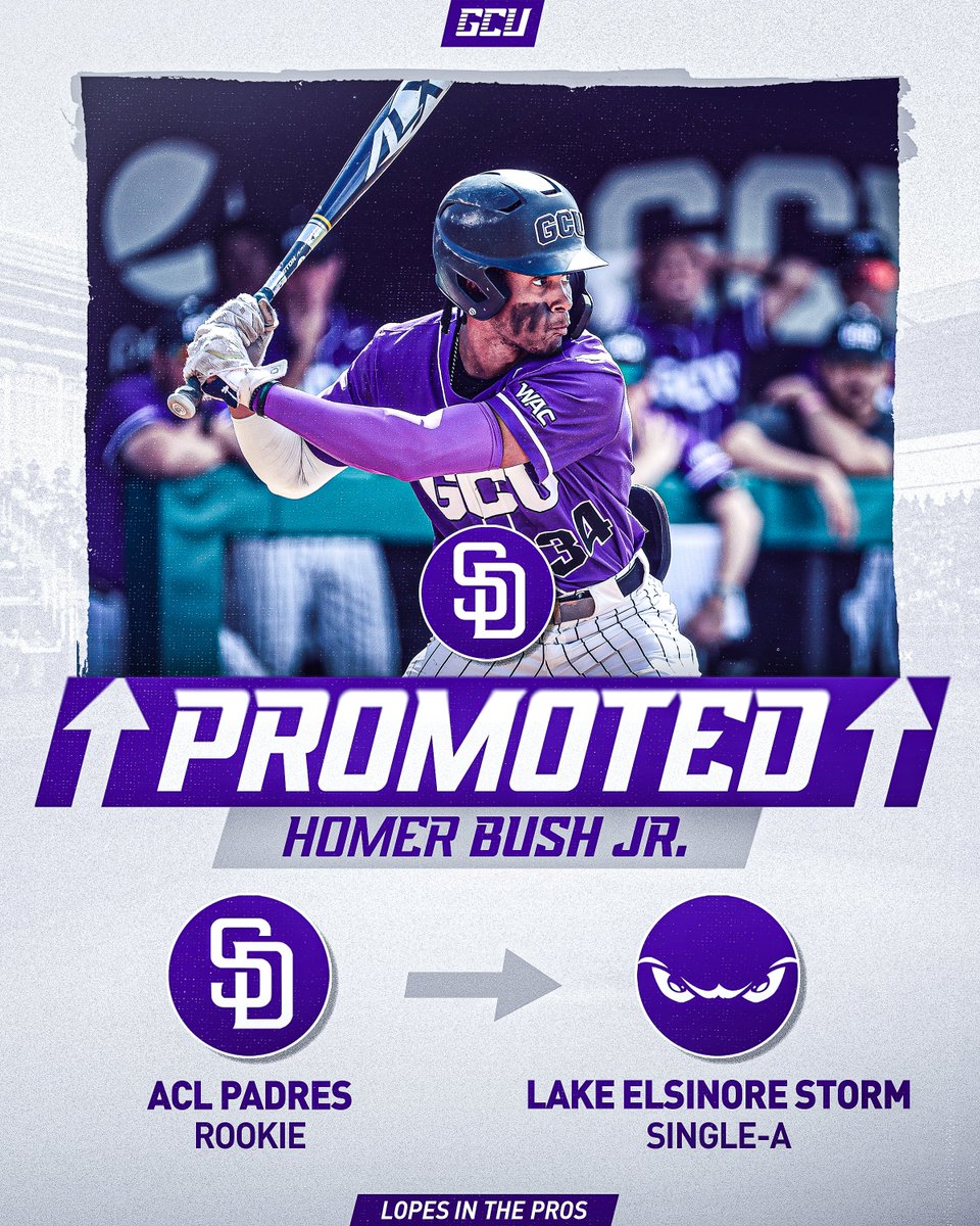 GCU_Baseball's tweet photo. .@homerbushjr is headed to Lake Elsinore! 📈

He'll bat leadoff for @Storm_Baseball tonight.

#LopesInThePros https://t.co/cfIKqHVY5Y
