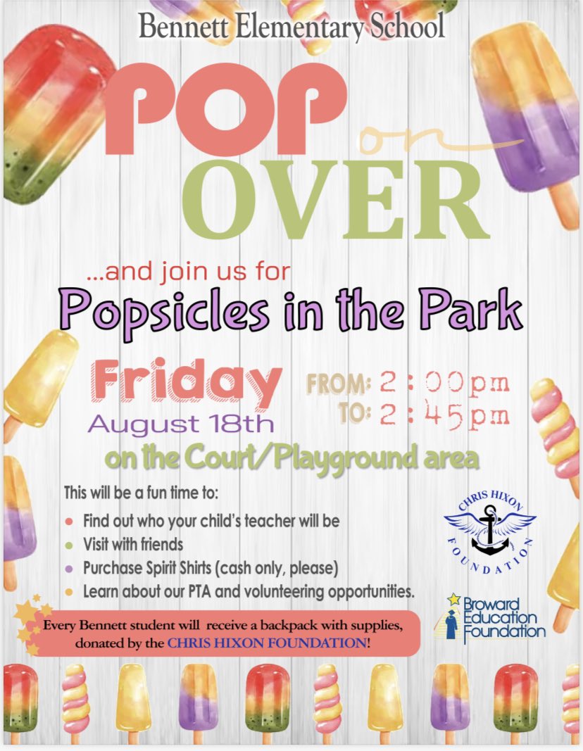 Bennett Elementary (@bennett_es) on Twitter photo “Pop on over” on Friday, August 18th and get ready to start the 2023-2024 school year with us!
<a href="/chrishixon14/">Chris Hixon Foundation</a> <a href="/BrowardEdFound/">Broward Education Foundation</a> <a href="/browardschools/">Broward Schools</a> “Pop on over” on Friday, August 18th and get ready to start the 2023-2024 school year with us!
<a href="/chrishixon14/">Chris Hixon Foundation</a> <a href="/BrowardEdFound/">Broward Education Foundation</a> <a href="/browardschools/">Broward Schools</a>