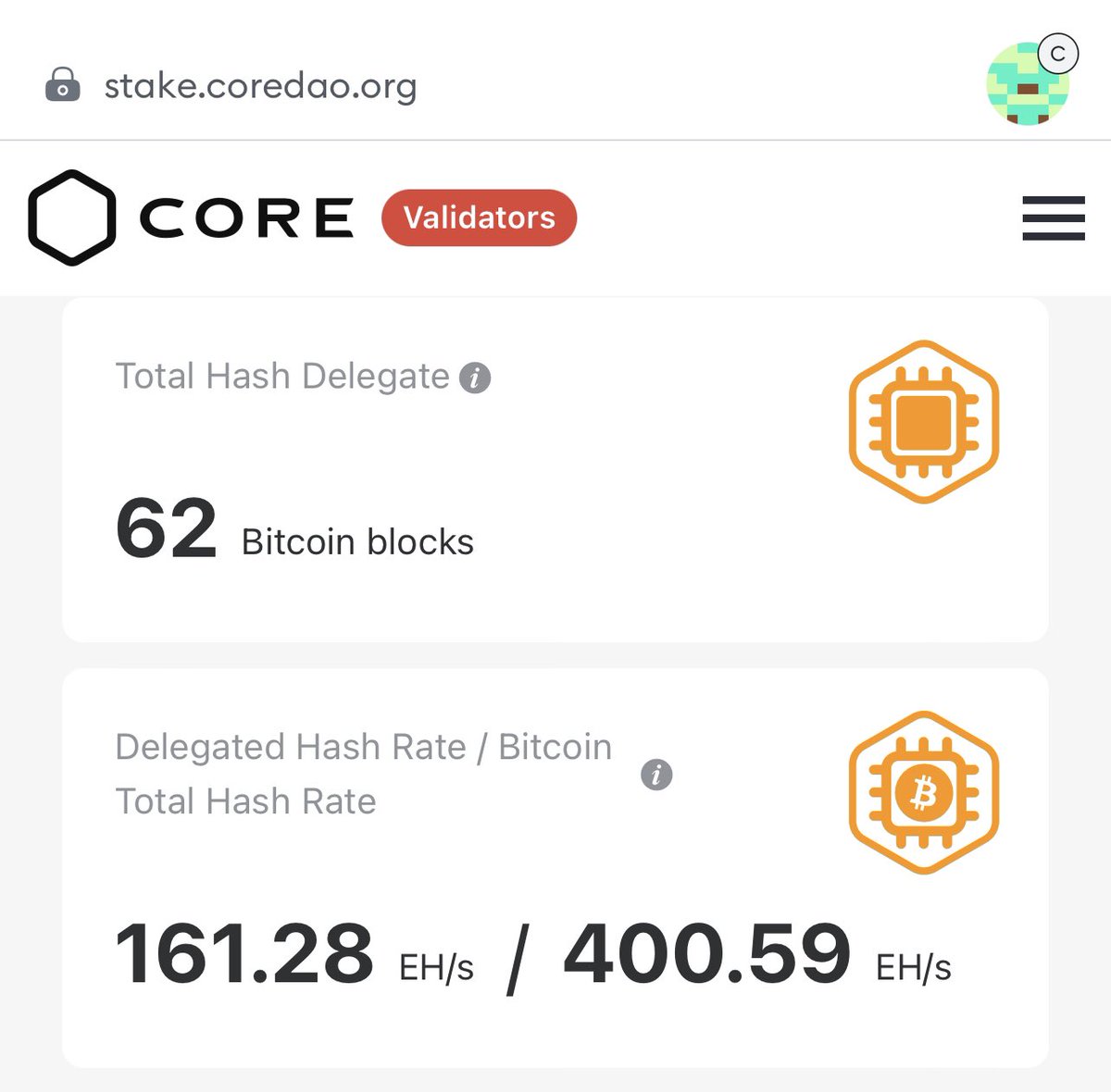 Don't stop! The community believes in $CORE ✊❤️
💥💥💥 stake.coredao.org
⚡️40% of Bitcoin Hash Delegated🔥
⚙️ Total Hash Delegate 62 #Bitcoin blocks
🔐 Delegated Hash Rate / Bitcoin Total Hash Rate 161.28 EH/s / 400.59 EH/s
#Roadto100 Welcome to all #Bitcoin mining⛏️