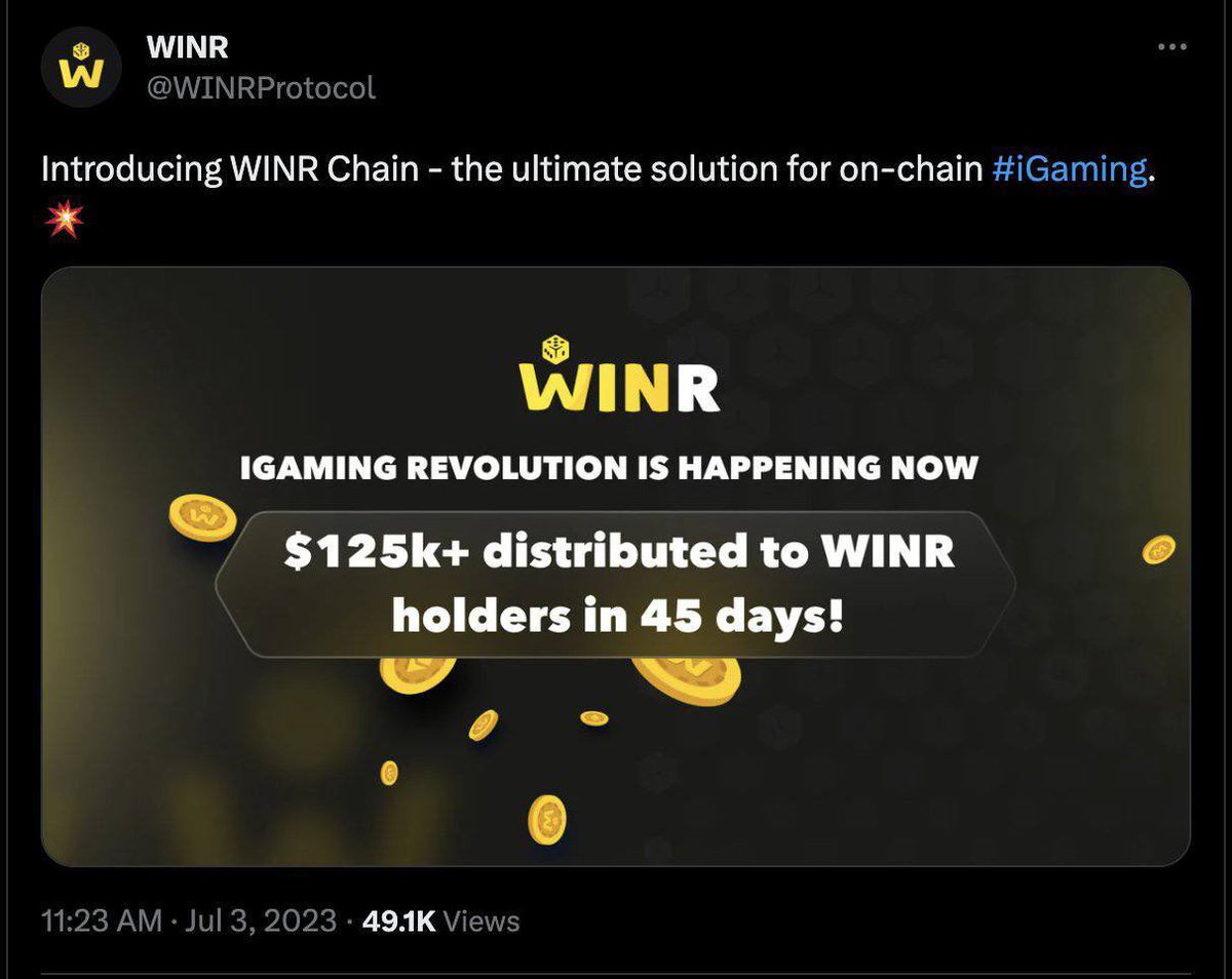LionCrypto68's tweet photo. #Winr shares revenue with holders for 45 days, totaling $125,000. Meanwhile, Rollbit's $RLB is also a gambling-focused DeFi token with an annual revenue of $170 million (revenue combined from various DeFi projects), but it doesn't distribute any income to token holders.
#Winr has also developed its own L3 on Arbitrum.