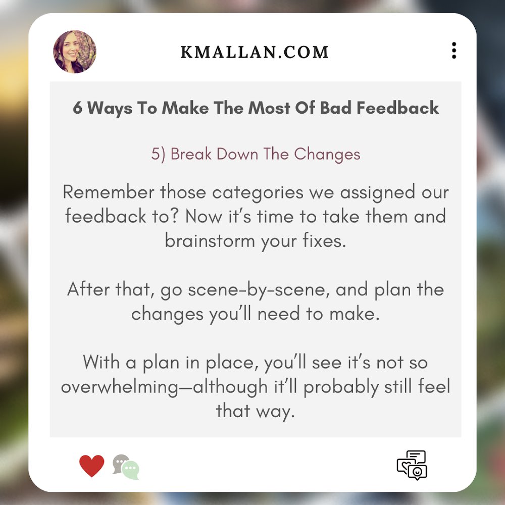 KMAllan_writer's tweet photo. #WritingTipWednesday - 5) Break Down The Changes
Taken from the #blog post, 6 Ways To Make The Most Of Bad Feedback: https://t.co/Wv7QJUUXwm
...
#wednesdaywisdom #writingcommunity #writingtruths #writingtips #writersofinstagram #authorsofinstagram #writingproblems #writingadvice https://t.co/Xyyuc40rfq