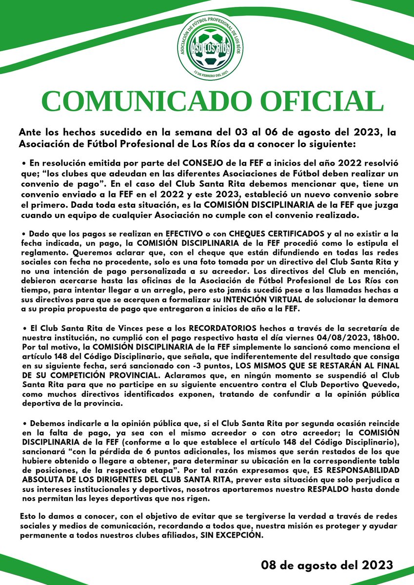 AFNLosRios's tweet photo. COMUNICADO OFICIAL a la opinión pública de la provincia de Los Ríos. 

#SegundaCategoria #AscensoEcuador #FEF https://t.co/XfTFrF1Odi