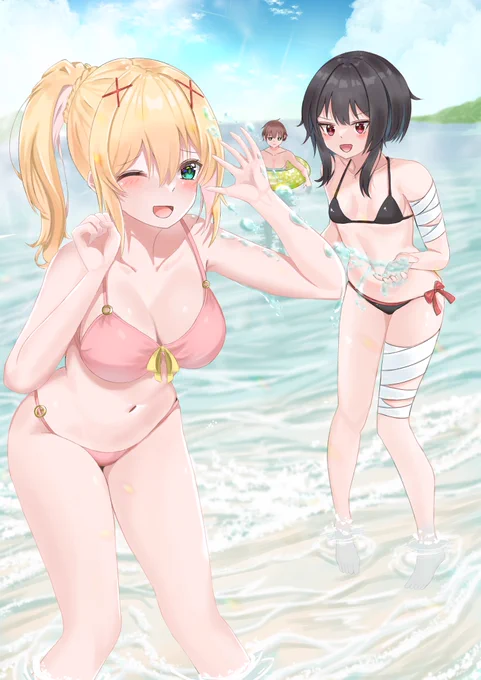 出来ましたー! この素晴らしい世界に祝福を! のイラストを描きましたᕙ( ˙꒳​˙  )ᕗ 海描くの難しい( ˘•ω•˘ ) お疲れ様でした!  #イラスト #このすば #ダクネス #めぐみん