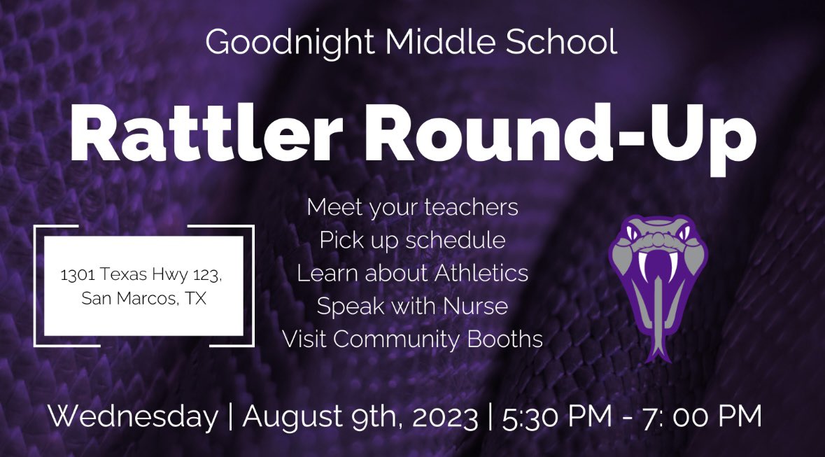 GoodnightSMCISD's tweet photo. GMS families!! Don’t forget about Rattler  Round-Up tomorrow! We cannot wait to see you all there! 🤗 #SMCISD #OGMS #RattlerNation https://t.co/dRme1Eafti