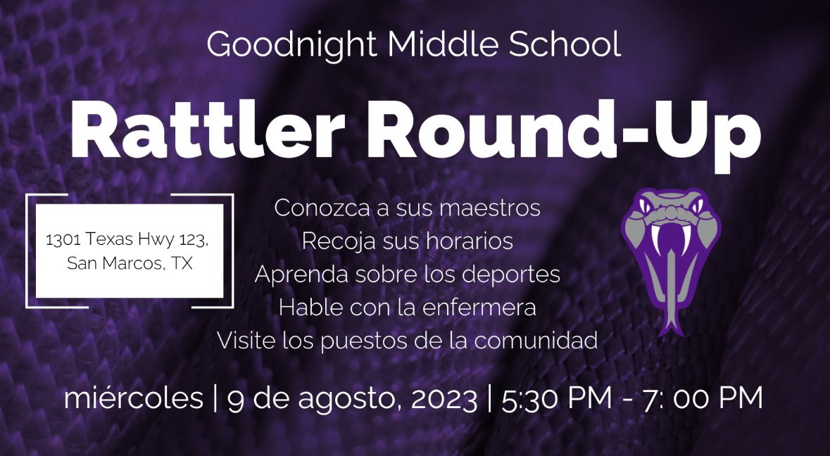 GoodnightSMCISD's tweet photo. GMS families!! Don’t forget about Rattler  Round-Up tomorrow! We cannot wait to see you all there! 🤗 #SMCISD #OGMS #RattlerNation https://t.co/dRme1Eafti