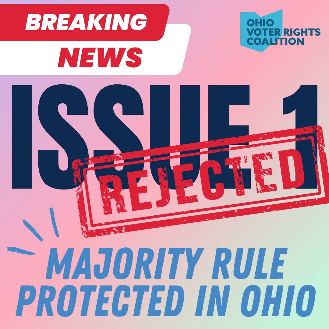 🎉 ISSUE 1 IS DEFEATED 🎉 Ohioans showed up to protect majority rule and defeat Issue 1 with resounding turnout for a last-minute August special election!! THANK YOU to everyone for being educated and informed voters! Let us celebrate this major victory for democracy!!
